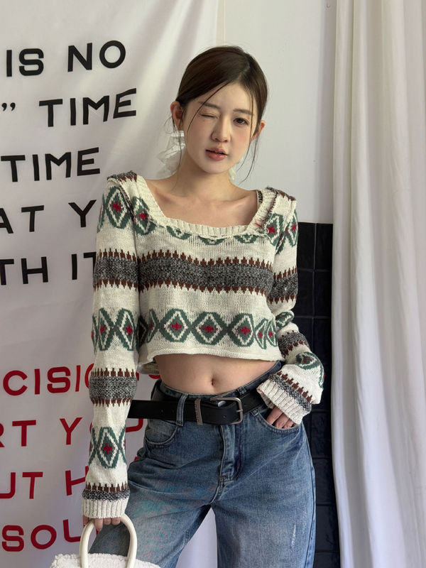 ME KAKAMEE十三行秋美式复古菱格撞色方领短款宽松针织衫女 A2873|undefined