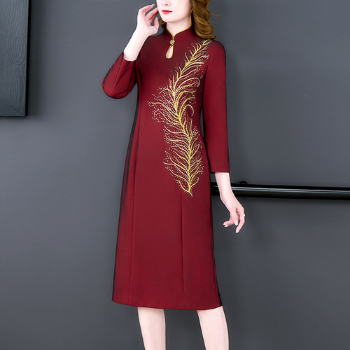 Wine chinese dress tang suit oriental cheongsam Wedding Qipao Long sleeved Mom Wedding Dress Temperament Wine Red Toast Dress for Women