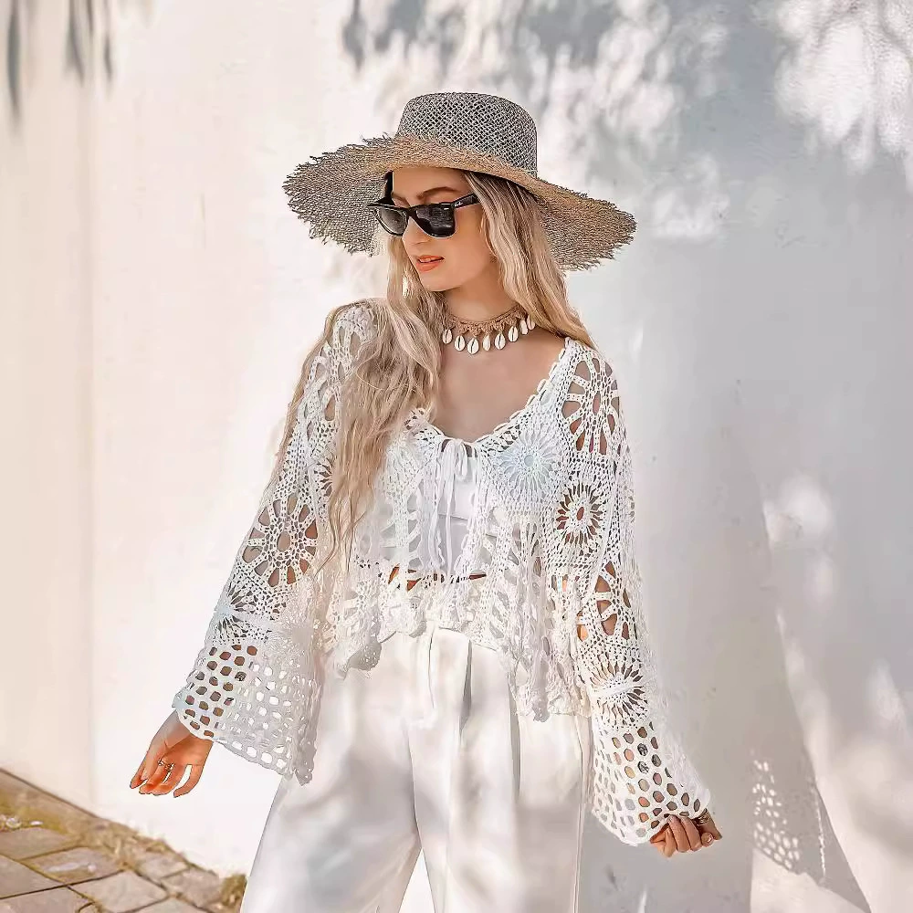 Трансграничный приморский праздничный кардиган Пляжная блузка сладкая горячая девушка носит крючком с полым солнцезащитным крепом и тонким кружевом