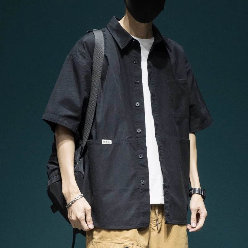 Oversize Summer Shirt, Japanese Style, Men's Short Sleeve, Orange or Black, Sizes M–5XL