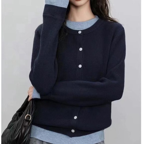 KANING Navy Blue Pseudo-Sleeveless Knit Cardigan Women 2025 Autumn New Design Long-Sleeve Sweater Women's Outfit