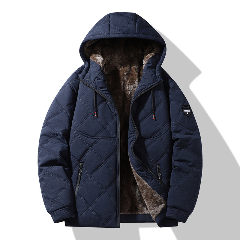 Pesado y grueso abrigo de algodón con capuchón caliente para hombres 2025 otoño y invierno nuevos productos de algodón a prueba de viento de tamaño grande para jóvenes chaqueta fría para hombres