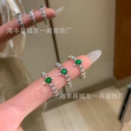 厂家批发小红薯S925银镶嵌天然危料阳绿翡翠戒指蕾丝轻奢风设计女