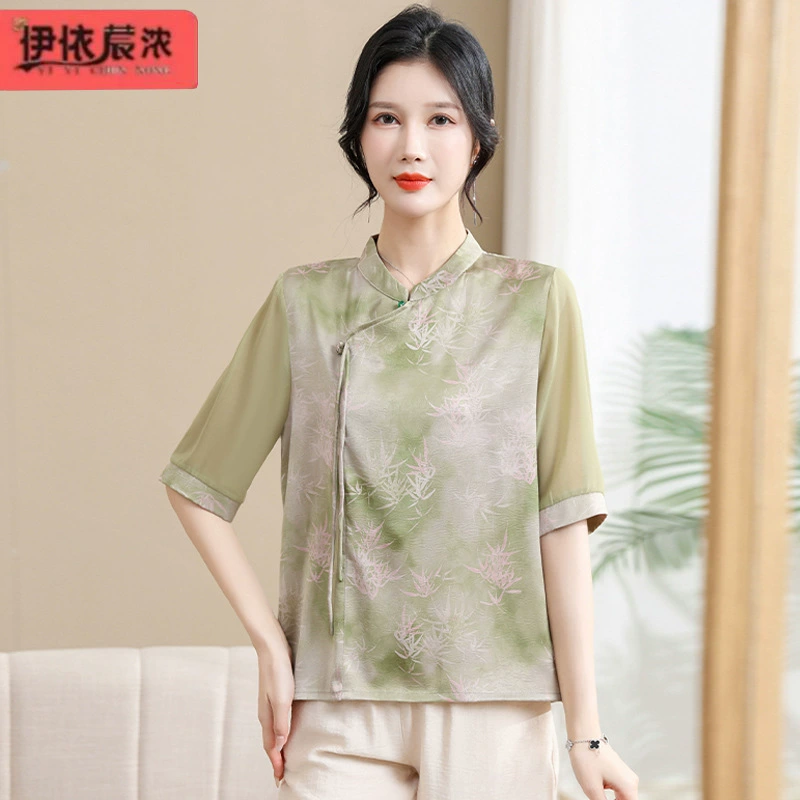 Темперамент мама летняя китайская атласная рубашка с короткими рукавами топ 50 лет среднего и пожилого возраста женщина высокое качество футболка рубашка женская оптом
