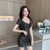 Hip wrapped short skirt sexy spicy girl low cut slim fit design feeling knitted sequin dress