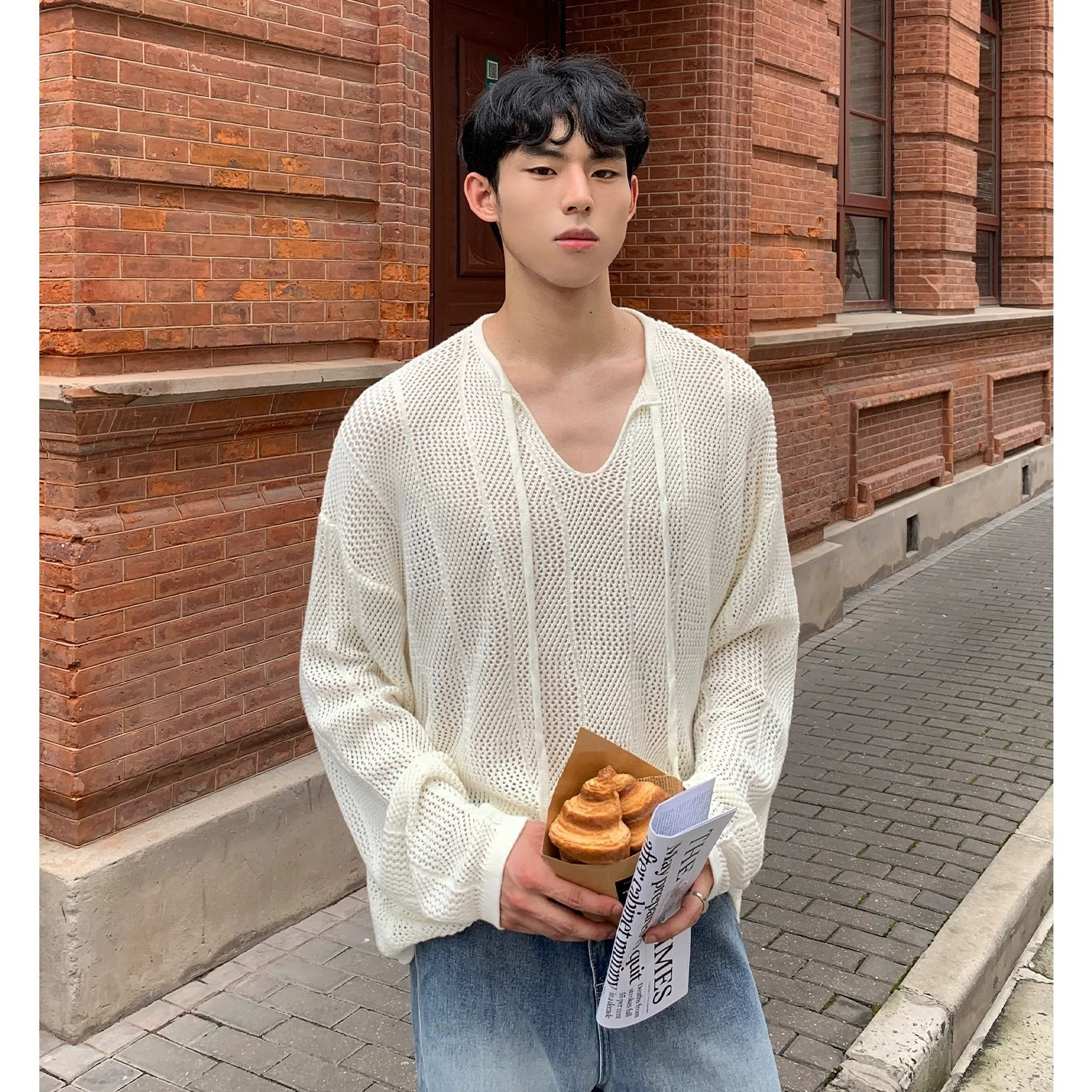 Корейский стиль, сетчатый трикотаж, мужской трикотаж с v-образным вырезом, куртка с длинными рукавами, ленивый тренд, весна и осень, экспорт, трансграничная оптовая продажа