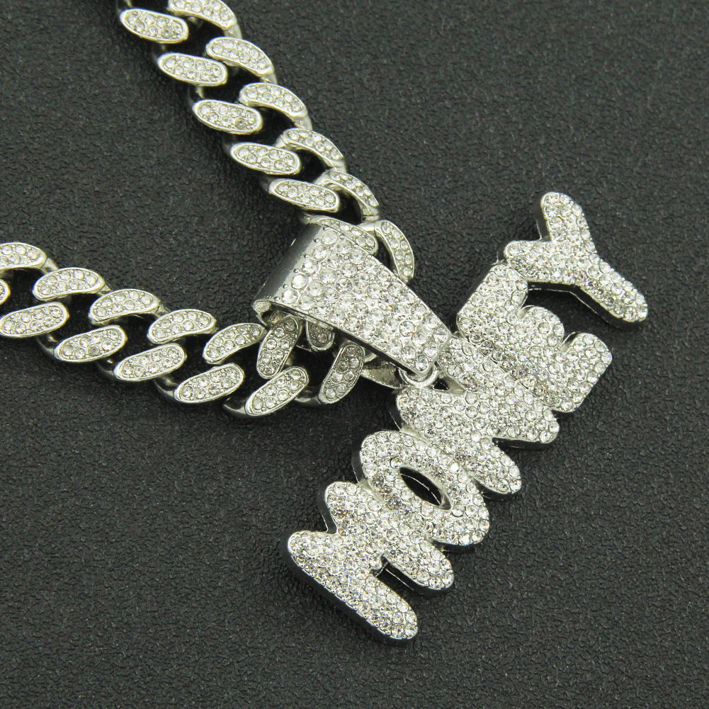hip-hop full diamond letter pendant punk wide Cuban chain menu0027s necklace