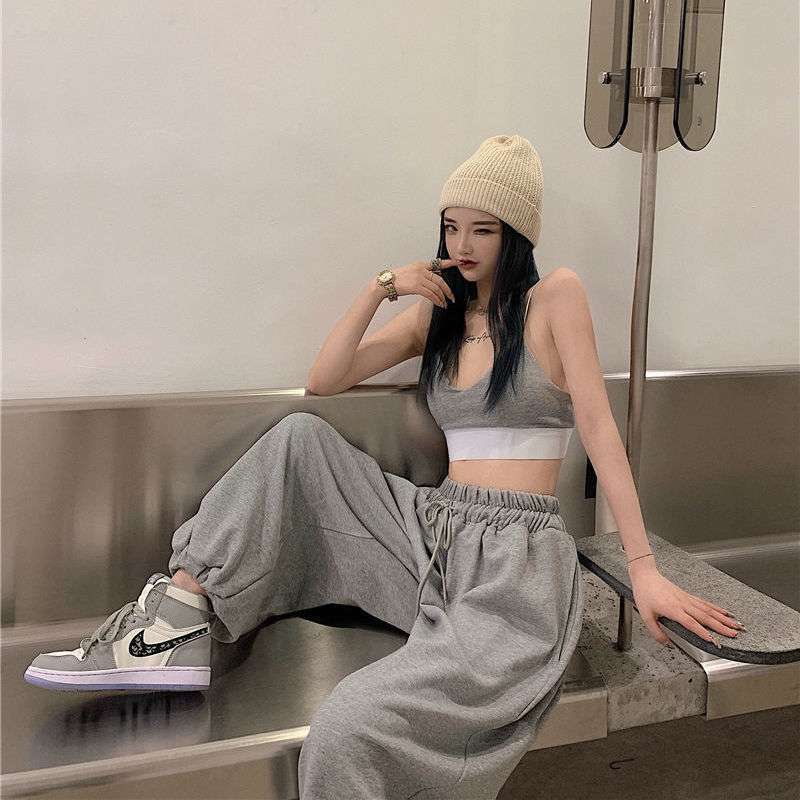 夏季运动裤子女宽松百搭潮流学生韩版哈伦裤束脚高腰休闲直筒套装|undefined