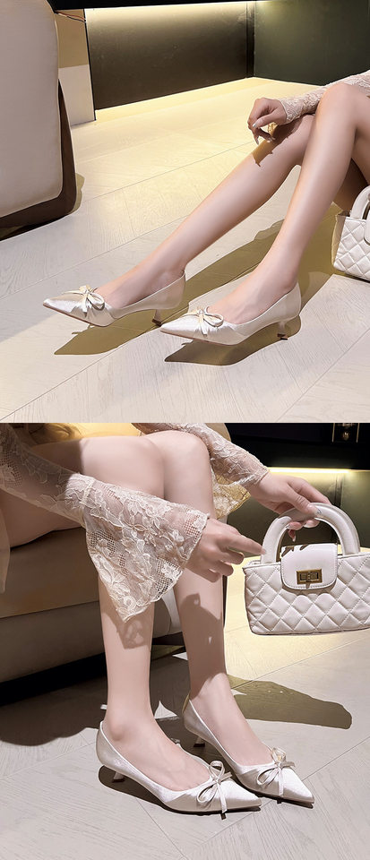 Giày cưới nữ mũi nhọn gót vừa thắt nơ chất liệu lụa — màu đen, màu đỏ, quả mơ chi tiết 10