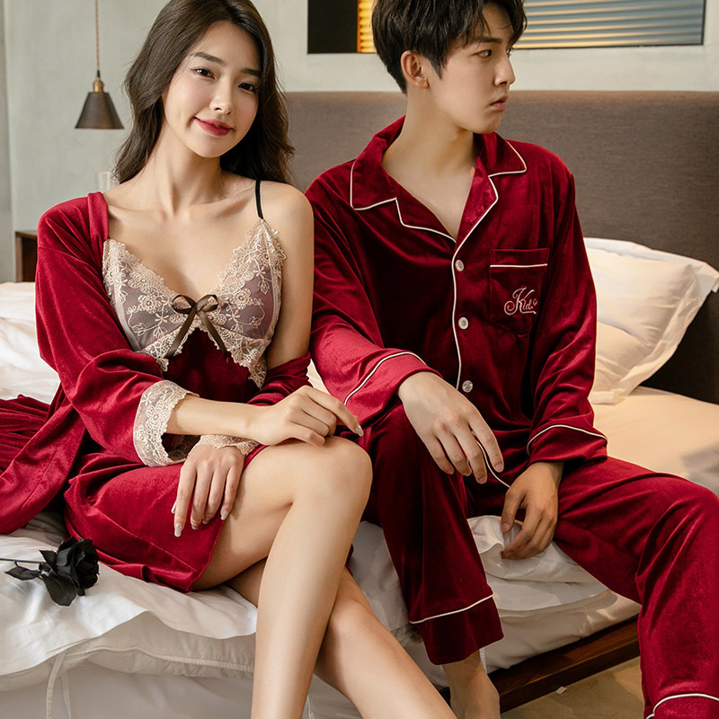 Sexy pajamas for women Spring and Autumn couple new autumn and winter lace gold velvet strap nightgown nightgown suit