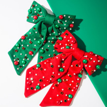 跨境新款圣诞节元素蝴蝶结发夹女时尚钉钻珍珠节日派对弹簧夹发饰