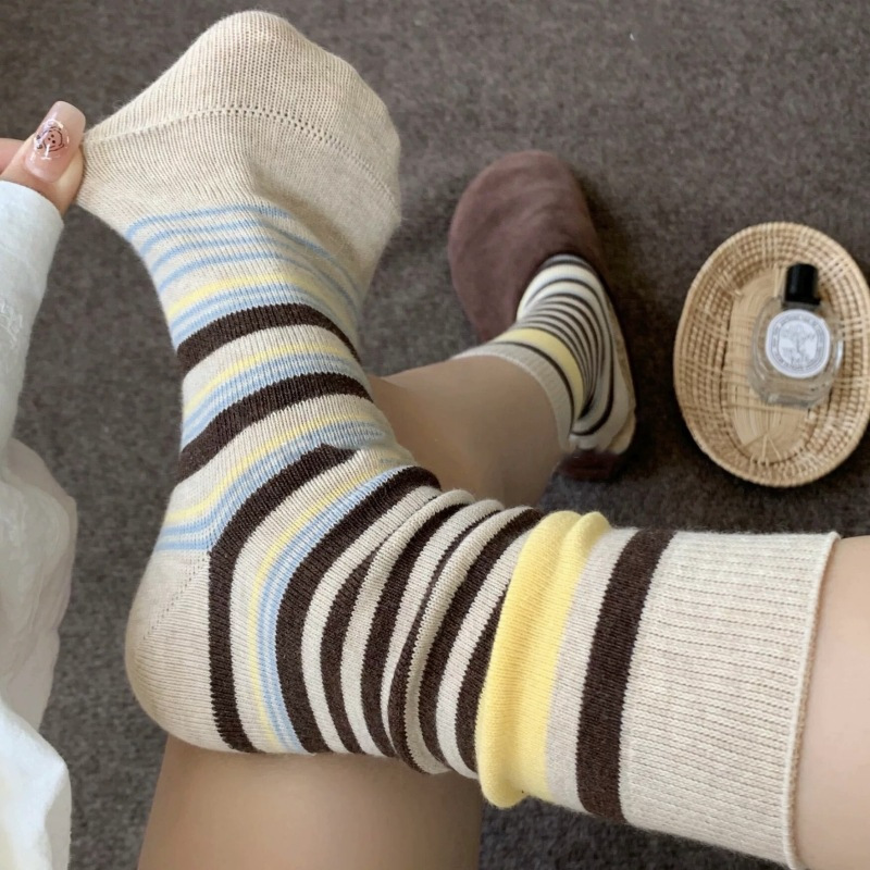 25秋冬潮流撞色条纹堆堆袜美式个性复古中筒袜无骨百搭袜子女纯棉|undefined