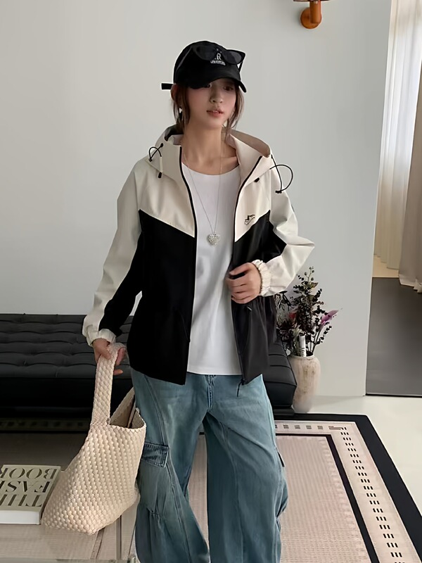 2025秋季新款拼接撞色冲锋衣外套女宽松显瘦百搭休闲收腰夹克上衣|undefined