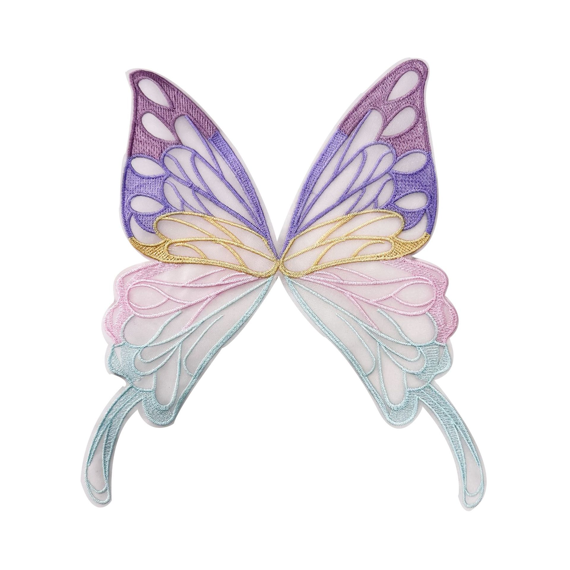 En stock, bordado de organza, colorida mariposa de perlas tridimensional, horquilla no adhesiva, accesorio para el cabello para ropa infantil, decoración de parches de tela