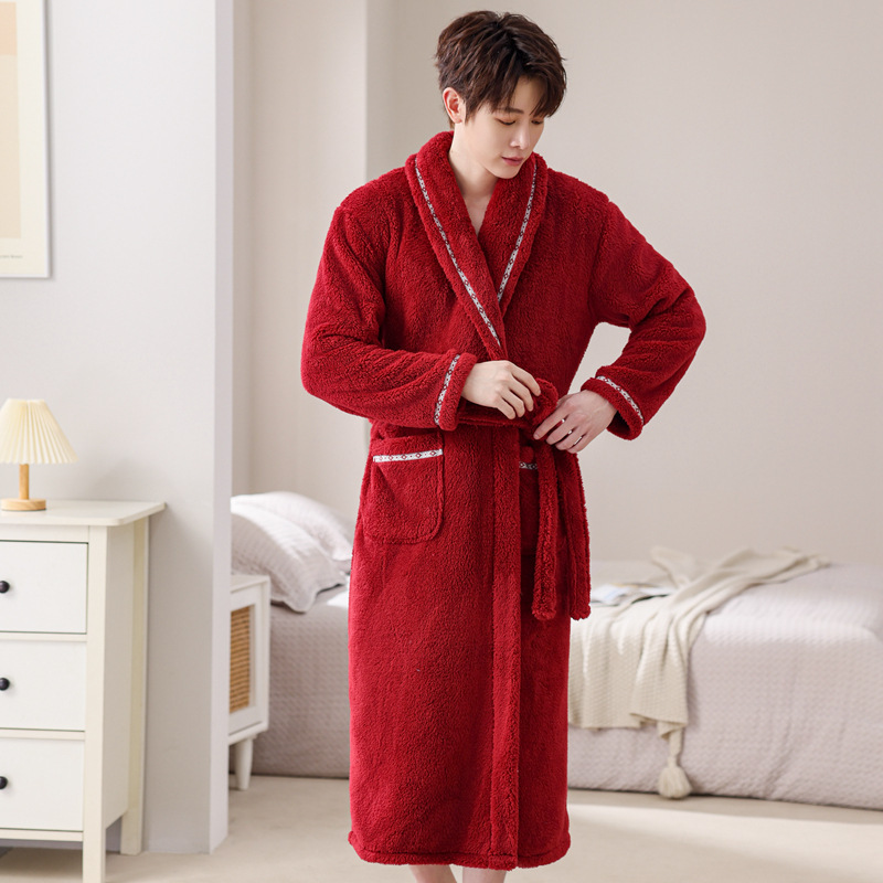 秋冬珊瑚绒情侣浴袍女睡袍男士大码保暖法兰绒浴衣家居服可外穿|undefined