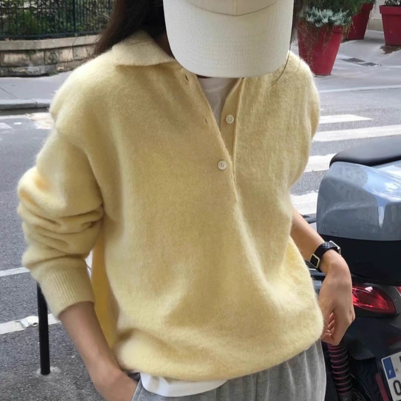 洋气百搭设计感女polo领套头秋冬新款宽松慵懒翻领针织羊毛衫上衣|undefined