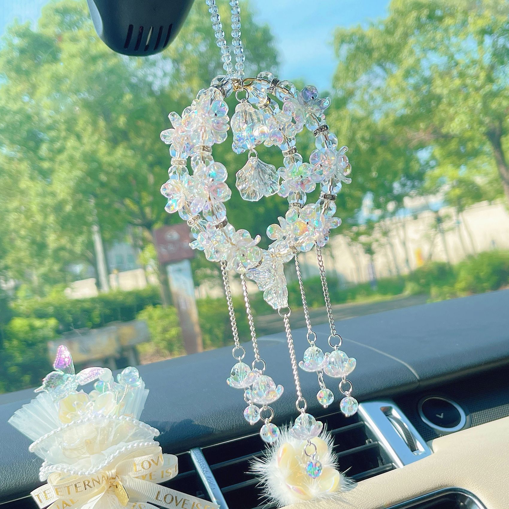 Cute Little Fish 3D Rotating Ball Car Pendant Lily of the Valley Car Decoration Hanging Ornament for Girls' Car Use