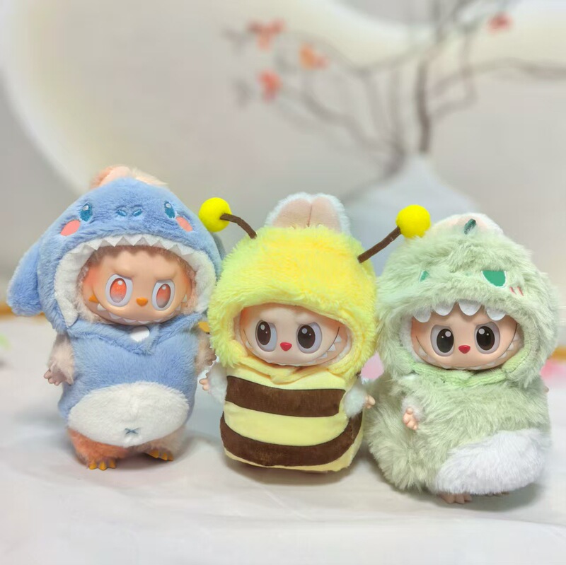 Labubu Doll Clothes Can Be Worn by 17cm Vinyl Labubu Figures, Including Shark-Themed Outfits, Casual Bee Plush Clothes, and Dinosaur Costumes