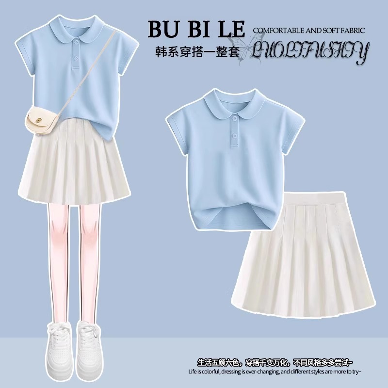 Girls Summer Short Skirt Suit 2025 New Kidsren's Short Top Casual T-Shirt Petite Pleated Skirt Summer Dress