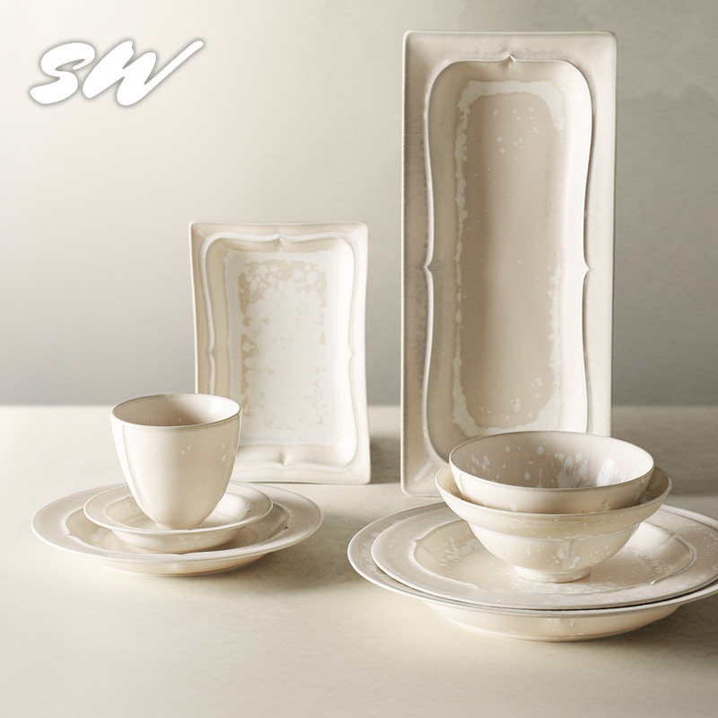 Sanwu Japanese Ceramic Set Household Tableware Rice Bowl Plate Retro Long Plate Round Plate Water Cup Handmade Simple Dinner Plate