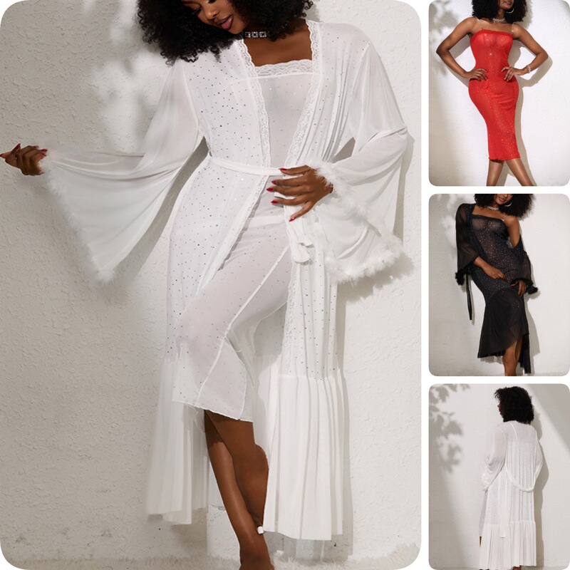 Feiyun cross-border multi-colored rhinestone see-through nightgown with fluffy patchwork, long cardigan, sexy loungewear dress 1240+872 Feiyun cross-border multi-colored rhinestone see-through nightgown with fluffy patchwork, long cardigan, sexy loungewear dress 1240+872