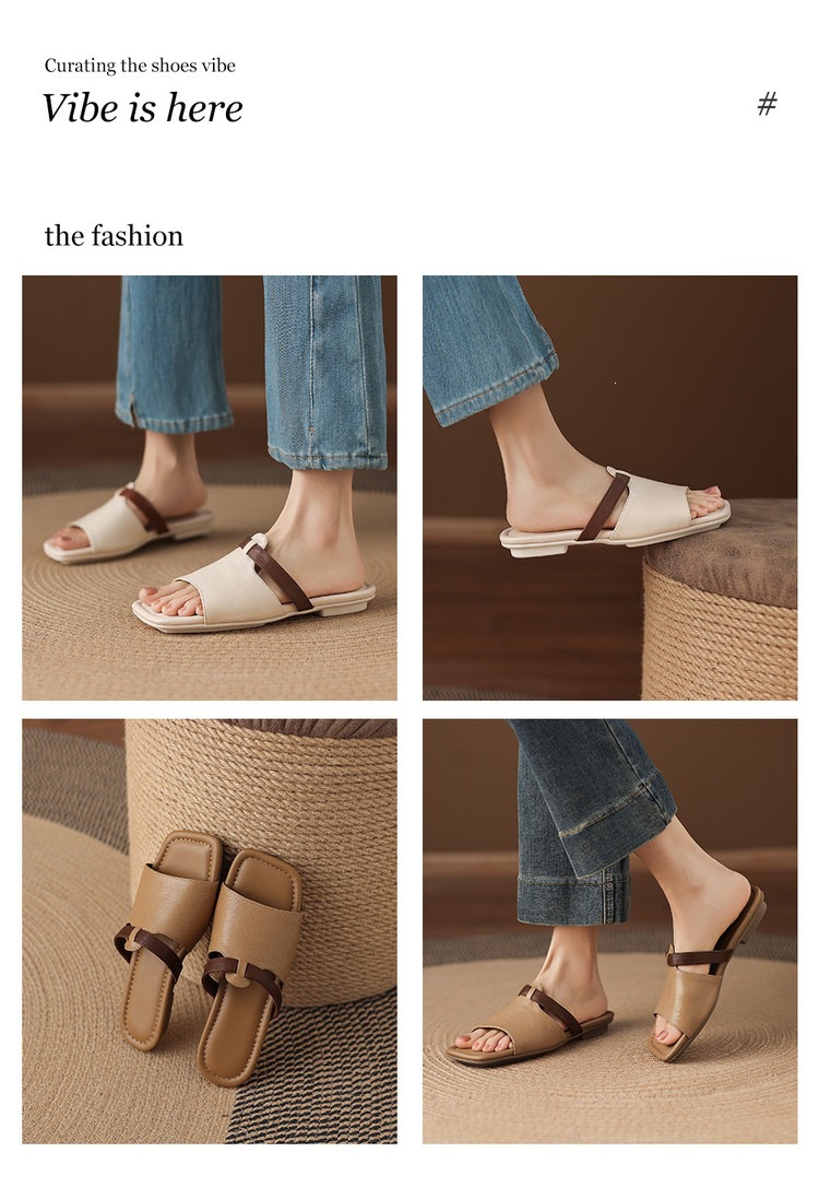 Dép sandal nữ xỏ ngón đế bệt phối màu hở mũi thời trang — màu trắng ngà, màu mơ chi tiết 1