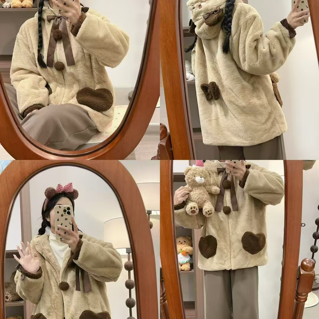 (2개) 양고기 양모 코트 가을과 겨울 두꺼운 루즈 소프트 왁스 게으른 탑
