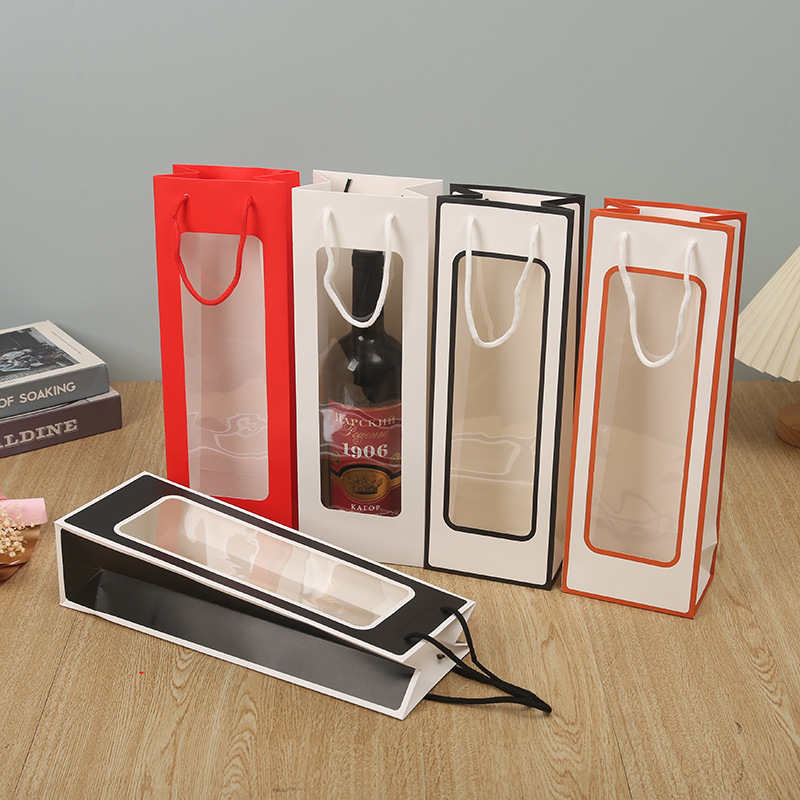 红酒袋长方形红酒手提袋开窗透明长条礼袋花束包装袋批发厂家现货