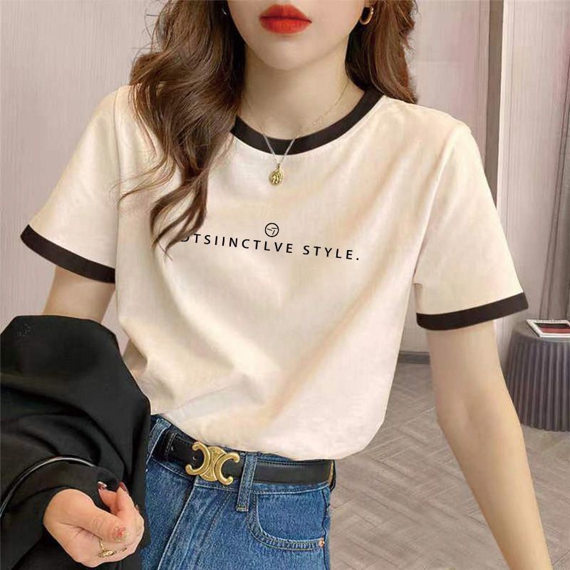 Threaded Casual Round Neck Design Short-Sleeved T-Shirt for Women 2025 Summer New Style Stitching Contrasting Color Slimming Look American Top Ins