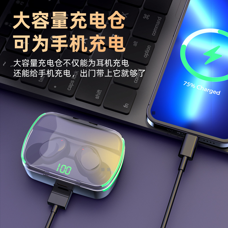 Nuevo diseño de almacén transparente M60 auricular Bluetooth inalámbrico transfronterizo pantalla digital inteligente con fuente de alimentación móvil entrega de una sola pieza