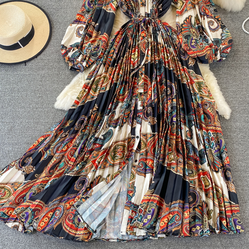 Vêtements pour femmes Automne col rond ample mince à manches longues imprimé satin simple boutonnage robe plissée élégante légère luxe longue jupe_voghion.com