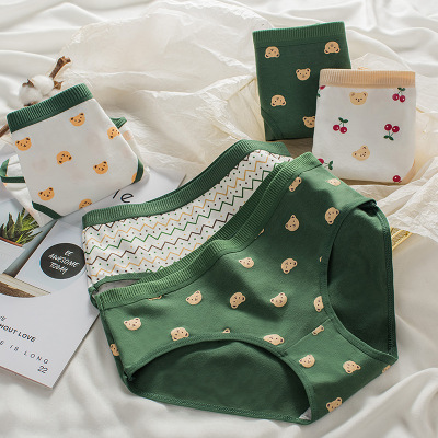 日系可爱小熊新颖绿色少女内裤纯棉裆中腰可爱卡通学生内裤女|ru