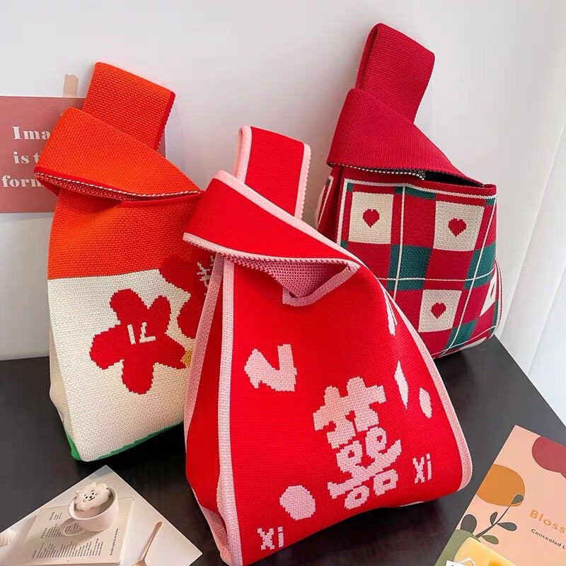 New Year's Red Festive Souvenir Knitted Bag Women's Auspicious Ruyi Handbag Women's Trendy Easiest for Match Persimmon Tote Bag