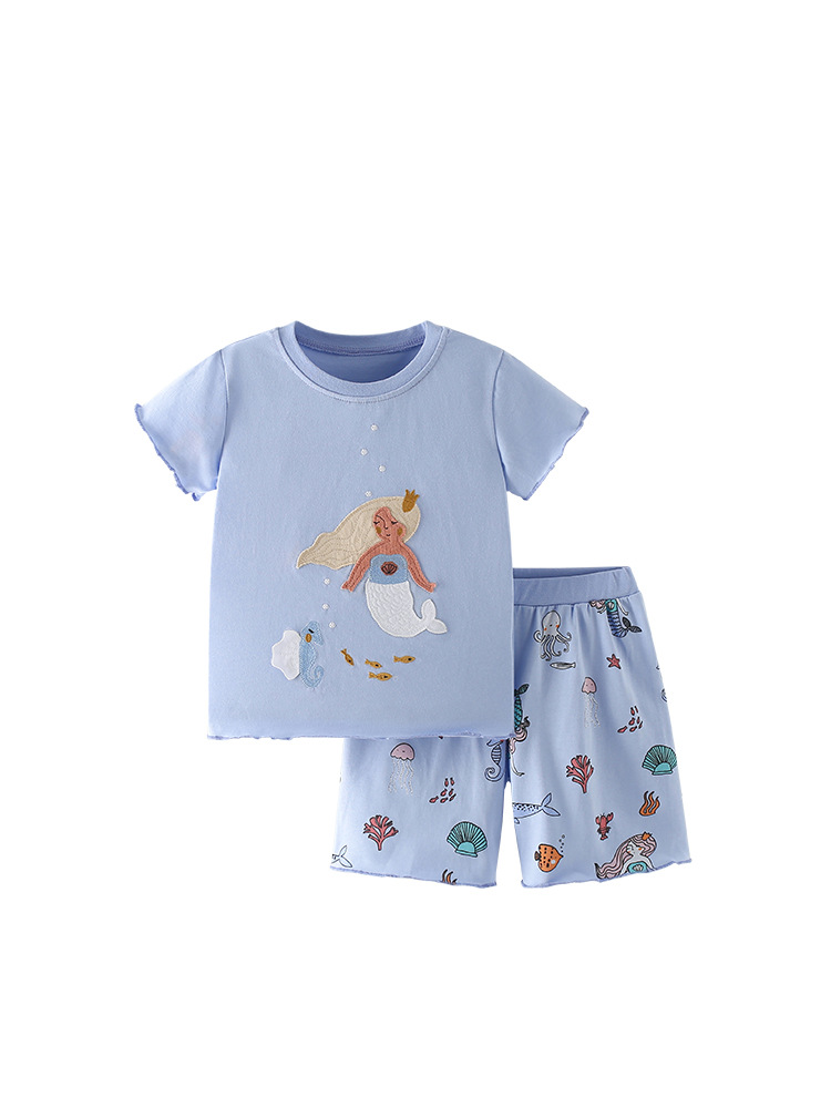 Trajes infantiles transfronterizos malwee verano nuevo estilo europeo y americano para niños de cuello redondo pantalones cortos de manga corta de dos piezas para niñas