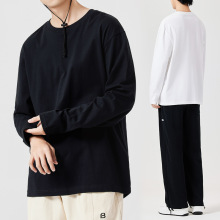 日系风纯色纯棉长袖t恤男秋季圆领套头上衣男士ins早秋内搭打底衫