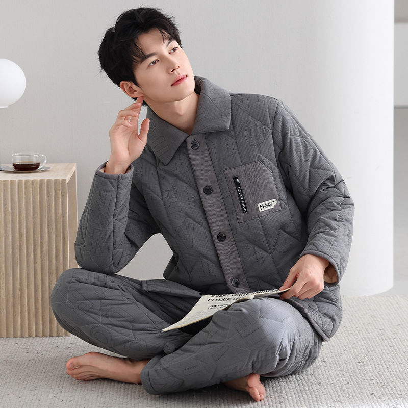 Pajamas for Men, Four-Season Three-Layer Coral Velvet Quilted Warm Fleece-Lined Flannel Home Wear Set, Autumn and Winter Style