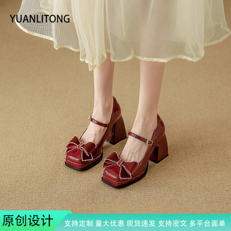 Chanel Style High Heel Mary Jane Shoes Lace Bow Shoes Autumn and Winter New Shallow Mouth Women's Shoes Small Height Chanel Style High Heel Mary Jane Shoes Lace Bow Shoes Autumn and Winter New Shallow Mouth Women's Shoes Small Height