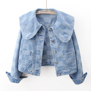 Spring 2023 New Fashionable Niche Navy Collar Jacquard Short Denim Jacket Women's Loose Korean Jacket Top