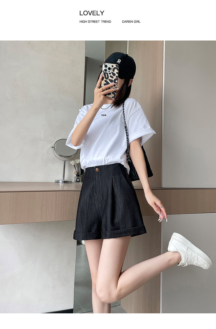 Quần short jean nữ lưng cao ống rộng gấu cuộn — màu đen chi tiết 34