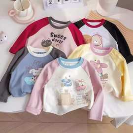 100%纯棉儿童长袖T恤打底衫百搭春秋季卡通女童拼色可爱洋气上衣