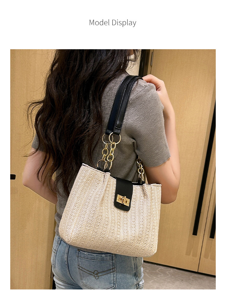 360g Weight Polyester Lining Material Lock clasp Closure Type Double Handle Strap Type Tote Bag Bags Type Daily Occasion Pu Leather, Straw Material Color Block Pattern All Seasons Season Women's Gender Streetwear Style Bucket Shape Medium Size Women's Medium Pu Leather Straw Color Block Streetwear Bucket Lock Clasp Tote Bag 6