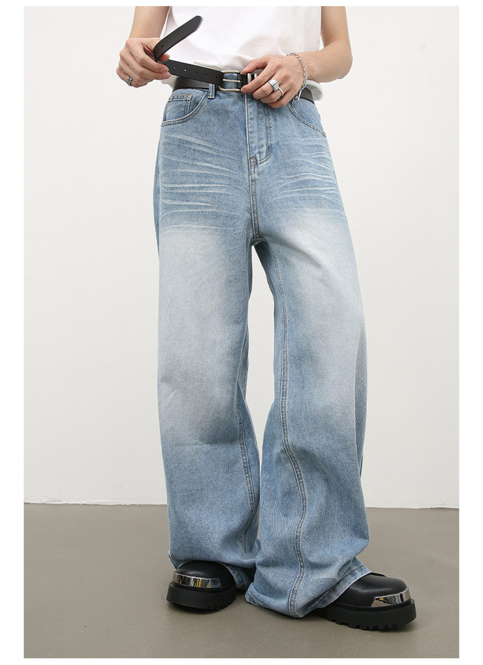 Quần jean nam ống đứng dáng suông rộng, vải denim giặt nước hiệu ứng nếp gấp, phong cách đường phố — Màu xanh lam chi tiết 15