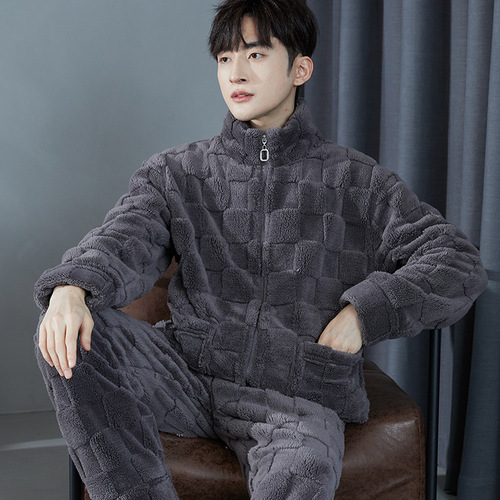 Distribution and distribution of flannel pajamas for men in autumn and winter, new style stand-neck zipper, coral velvet home wear