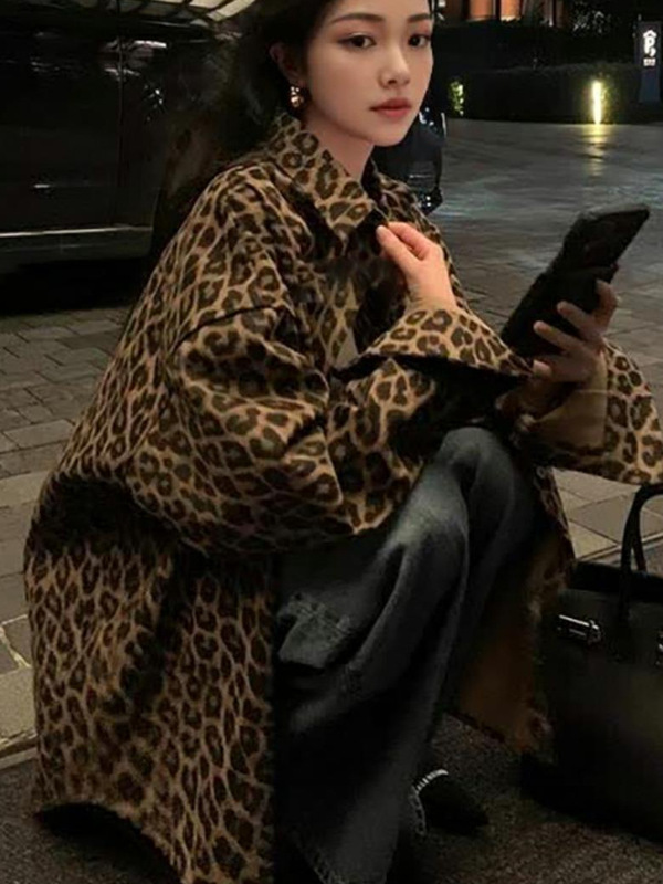 美式复古豹纹外套女秋季新款休闲宽松长袖牛仔棉衬衫韩版夹克上衣|undefined
