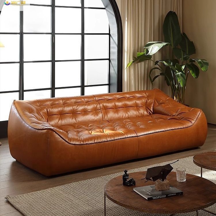 Runguangsheng High-end Oil Wax Leather French Retro Straight Row Full Leather Sofa Antique Living Room Italian Leather Sofa