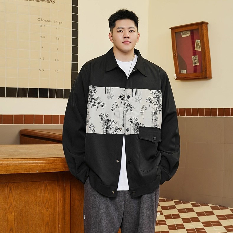 Spring and Autumn New Chinese Style Patchwork Jacket for Men, Trendy Plus-Size Loose Casual Turn-Down Collar Coat