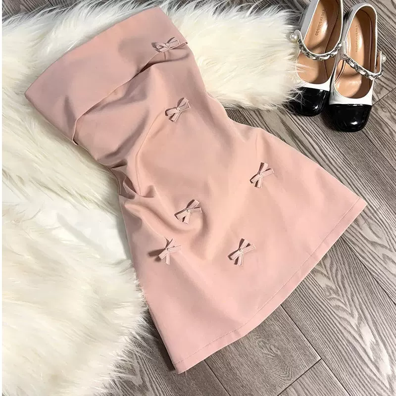 فستان بناتي وردي فيونكة قطن