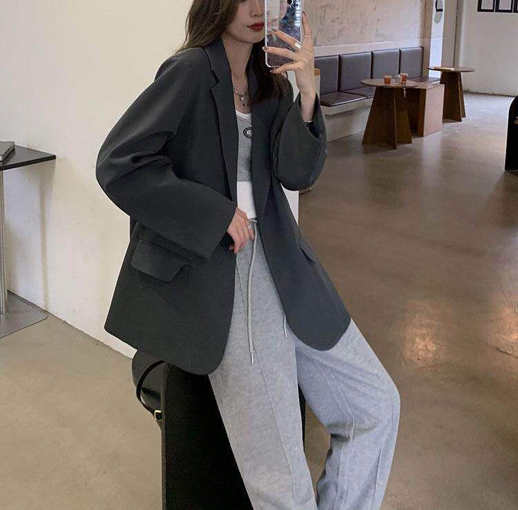 Áo blazer nữ màu xám phong cách Hàn Quốc, áo vest dài tay dáng suông tôn dáng — Màu xám [chất lượng cao] chi tiết 6