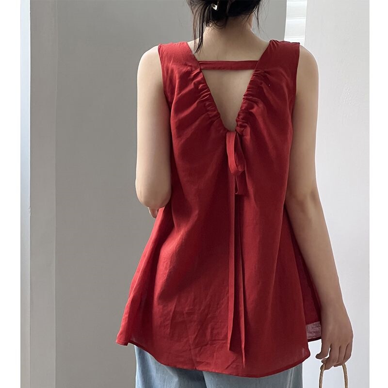 Korean-Style Lace-Up Backless Shirt for Women, 2026 Summer New Model, Light and Mature French Niche Sleeveless Top, Stylish Blouse Korean-Style Lace-Up Backless Shirt for Women, 2026 Summer New Model, Light and Mature French Niche Sleeveless Top, Stylish Blouse