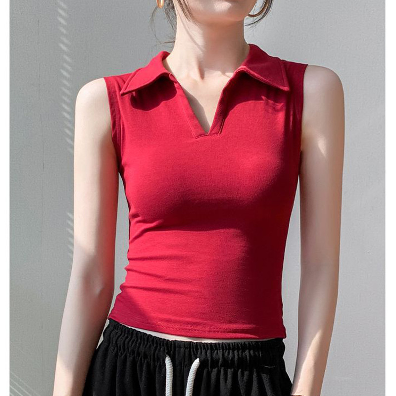 Thin Red Sleeveless Polo Collar T-Shirt Vest for Women Summer High-End Fashionable Short Outer Top Thin Red Sleeveless Polo Collar T-Shirt Vest for Women Summer High-End Fashionable Short Outer Top